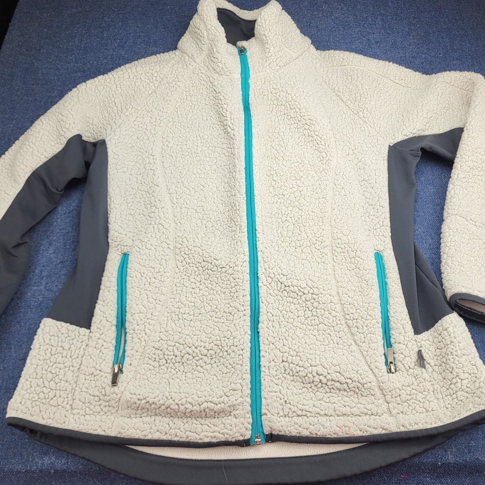 Cabelas Womens Sz L Full Zip Sherpa Fleece Jacket Cream Grey Teal Outdoor Hiking